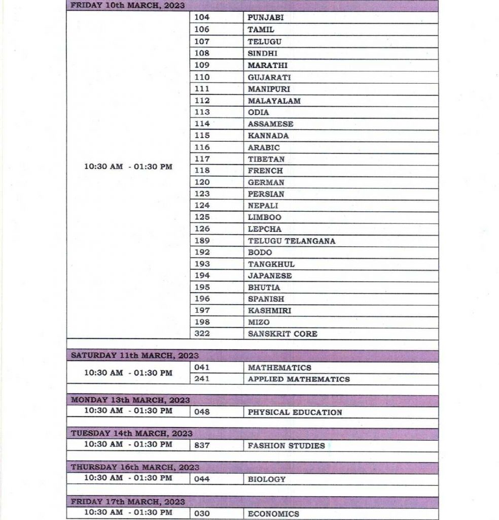 class 12 date sheet 2023