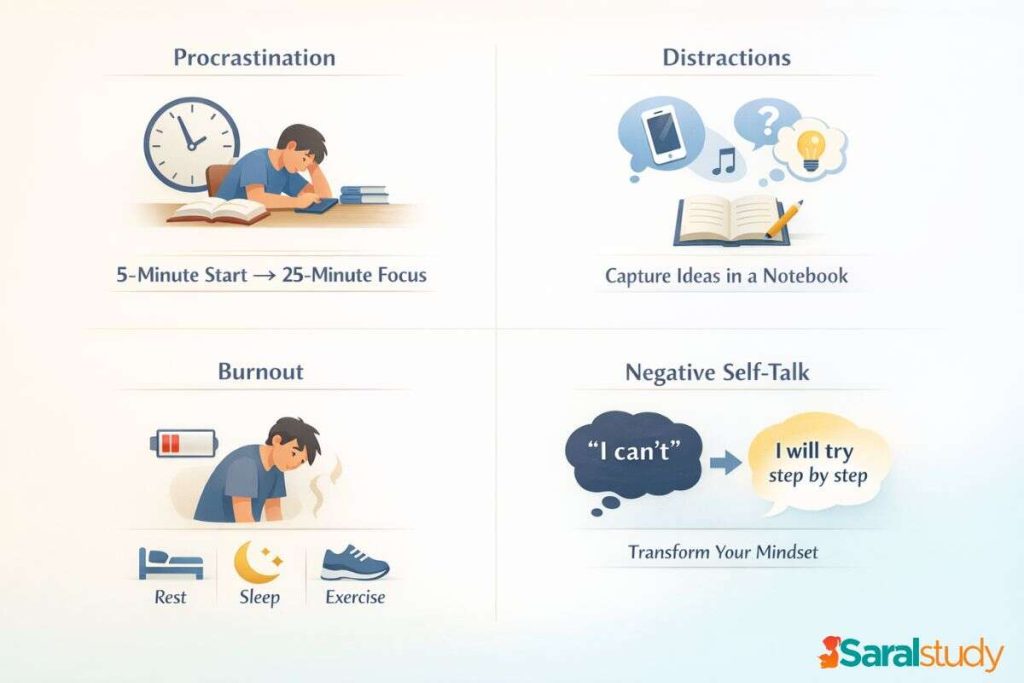 Why Self-Discipline is More Important Than Motivation for Students Infographic showing solutions for procrastination, distractions, burnout, and negative self-talk in students