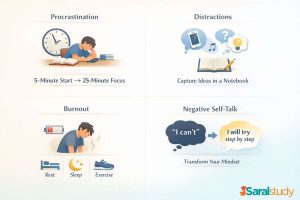 Infographic showing solutions for procrastination, distractions, burnout, and negative self-talk in students