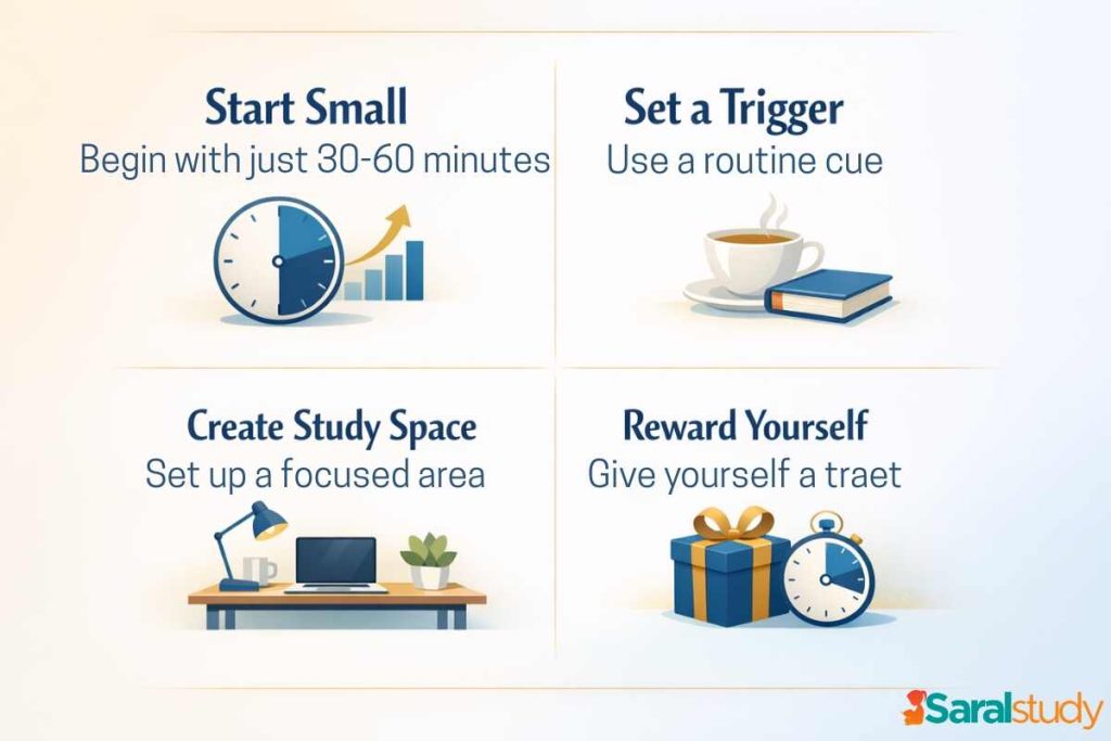 Why Self-Discipline is More Important Than Motivation for Students Infographic showing steps to build study discipline with small habits, routine triggers and rewards