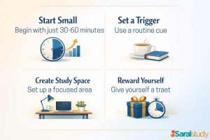 Study Even When You Don’t Feel Like It (4) (1) Infographic showing steps to build study discipline with small habits, routine triggers and rewards